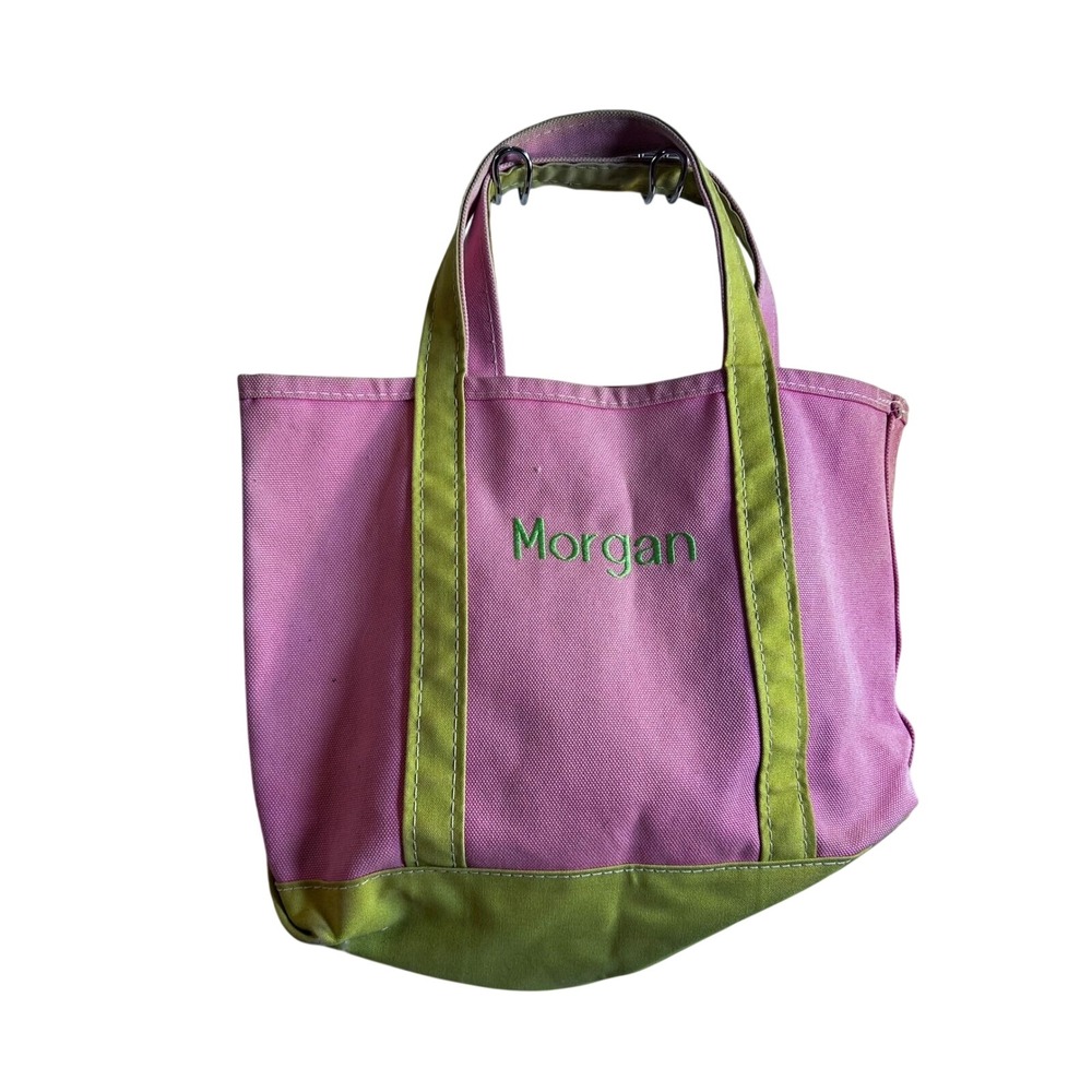 LL Bean Boat Tote USA Small Pink Green Morgan Embroidered Canvas Bag Womens